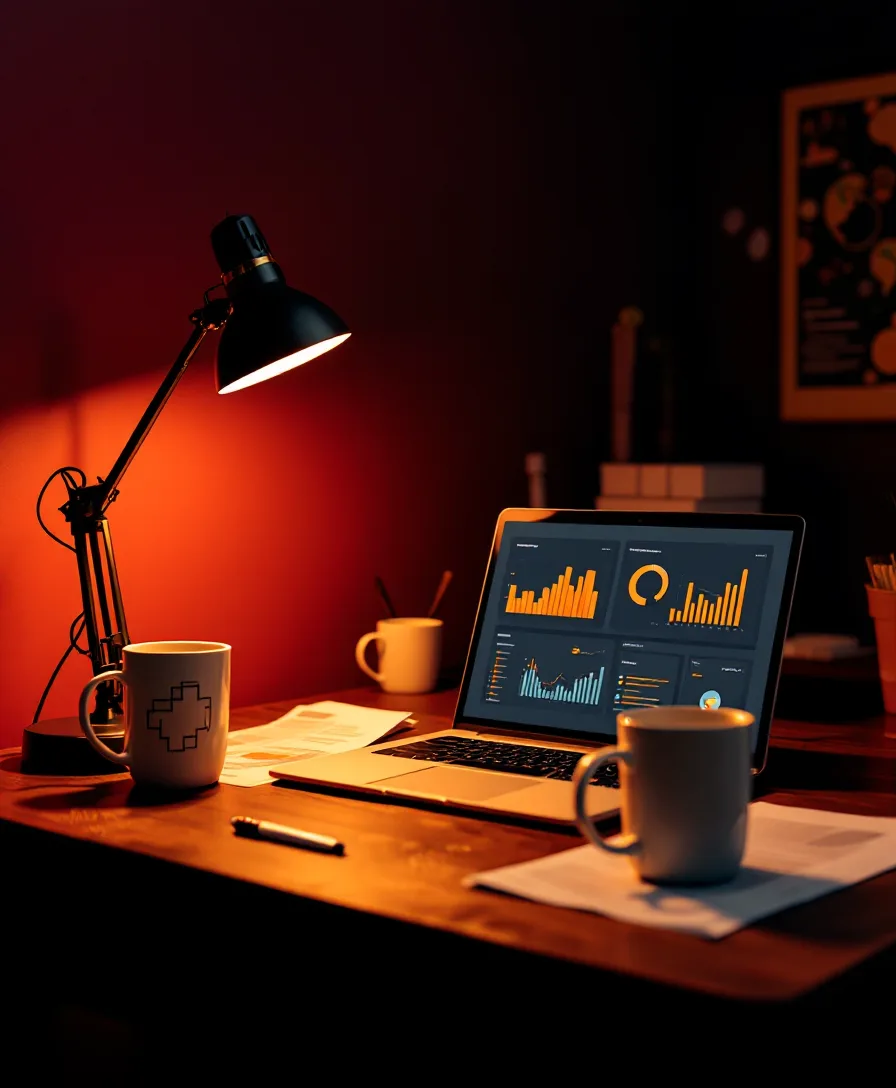 A dim Gate City workspace with an open laptop, printed spreadsheets and two coffee mugs