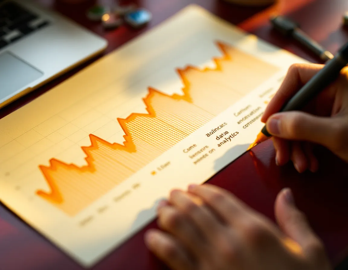 Hands at a keyboard next to a marked-up printed chart on a dark desk